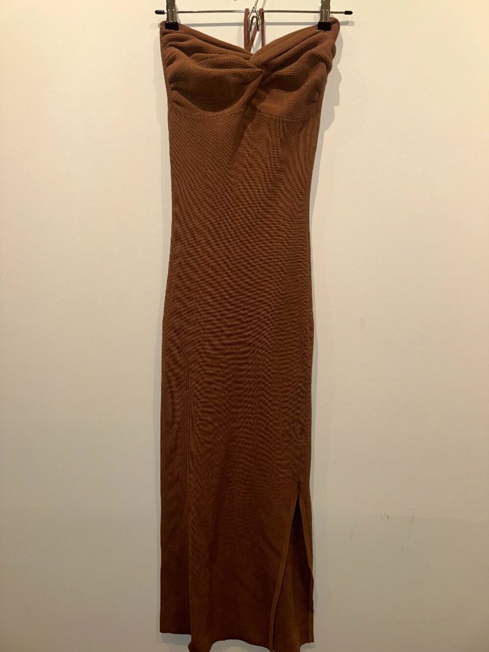 Miou Muse Brown Ribbed Knit Halter Midi Dress